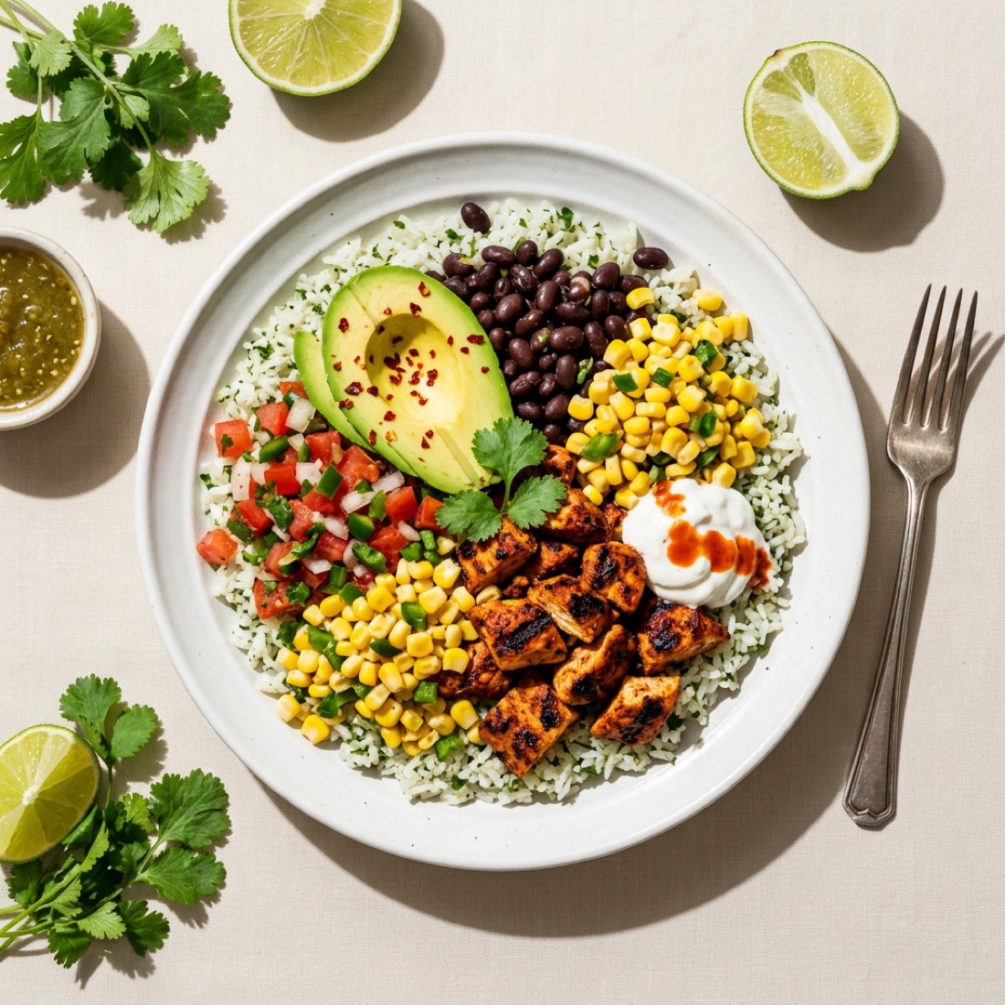 A bright bowl of chicken, avocado, corn and greens on a table.